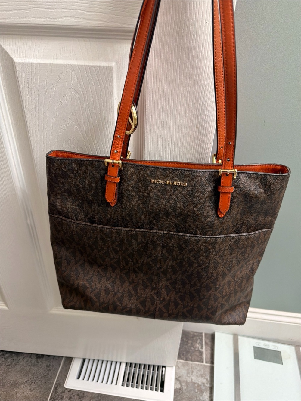 Michael Kors Brown Logo Tote with Orange Trim and Straps